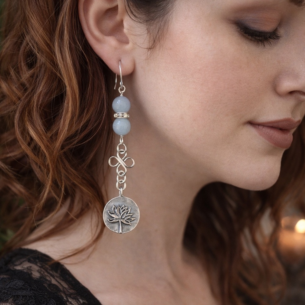 Lotus Rising Aquamarine Gemstone Earrings – Artisan Silver Drop - Picture 3 of 5